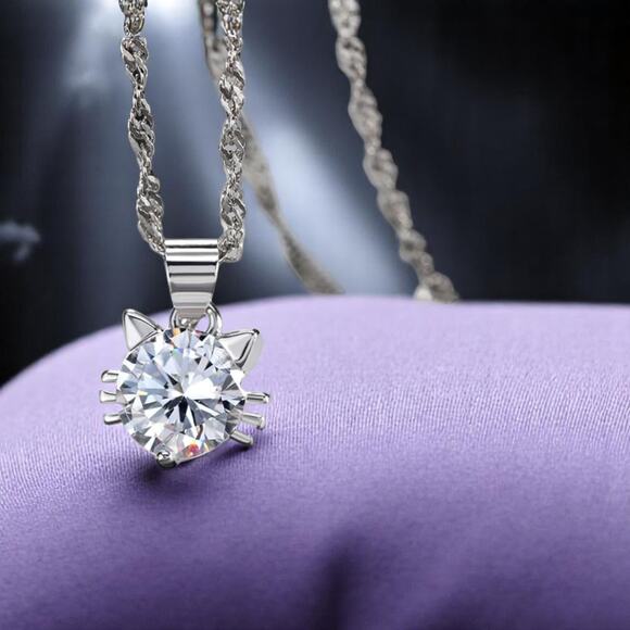 925 Sterling Silver Cat Jewelry Set – CZ Pendant Necklace & Earring - Picture 13 of 13